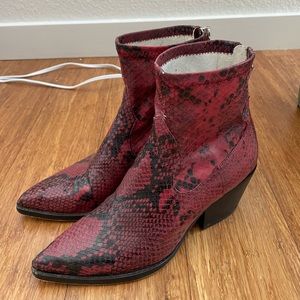 Red snakeskin booties